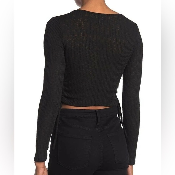 GOOD LUCK GEM Side Tie Long Sleeve Ribbed Crop Top Semi Sheer Black Womens sz  L - Picture 2 of 6